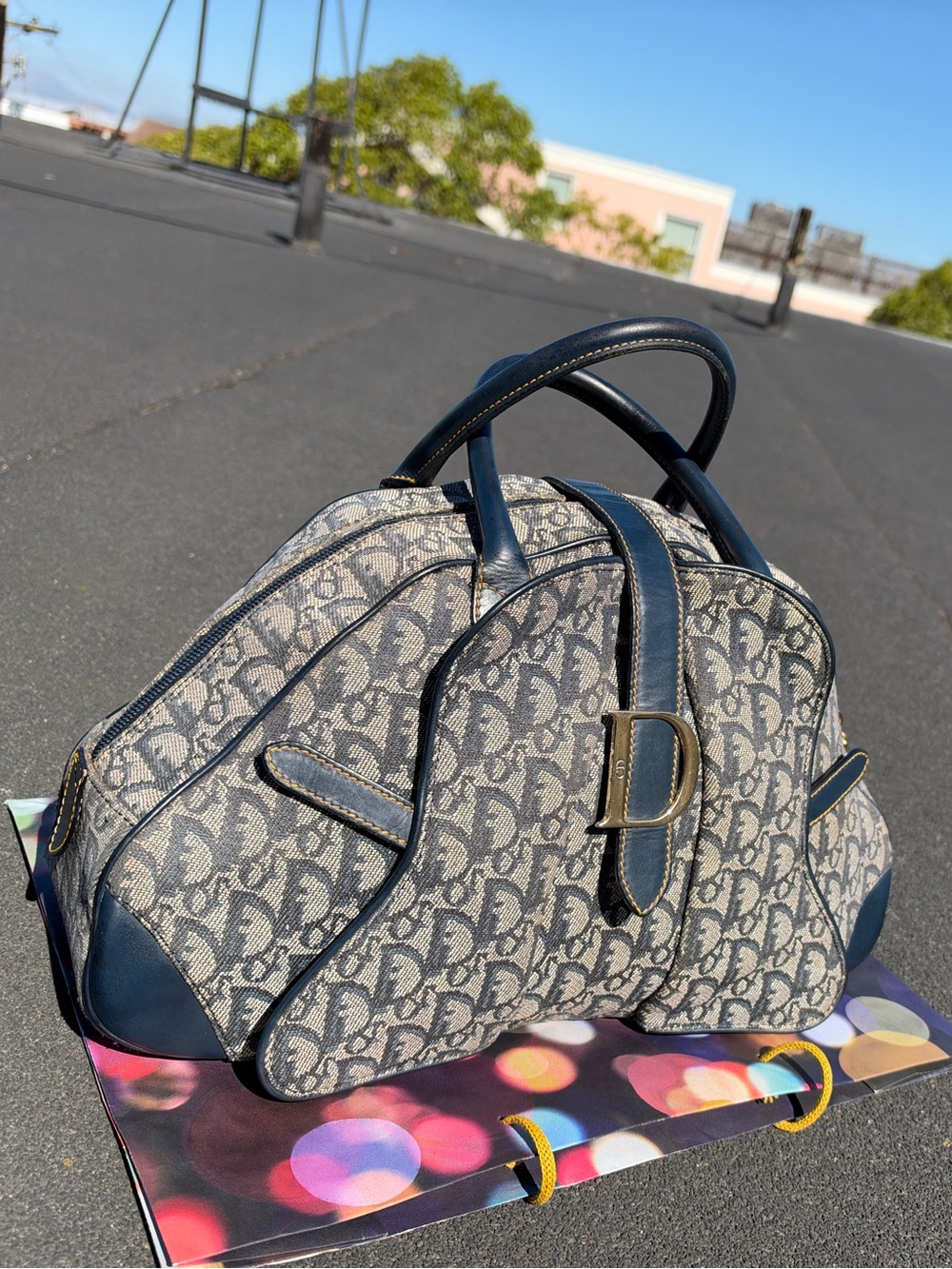Vintage Dior Trotter Monogram Double Saddle bowler bag navy blue canvas